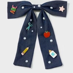 NEW| Teacher Icon Apple Pencil Glue Bottle Charm Denim Hair Bow Clip - Multicolo